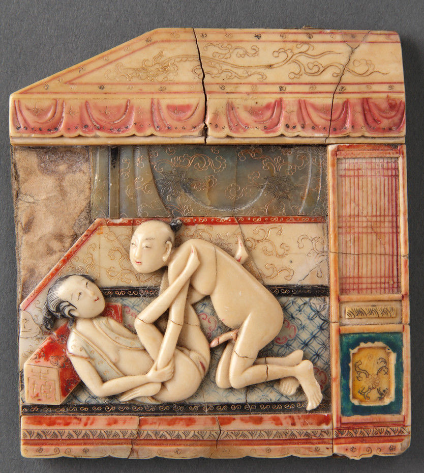 Chinese Erotic Finely Carved, Engraved and Polychrome Painted Soapstone Panel depicting an erotic scene
